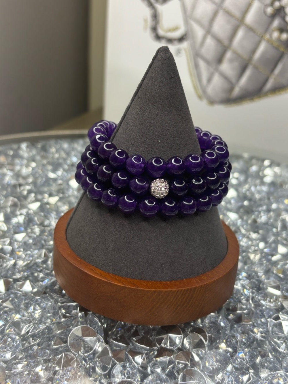 Purple Beaded Stretch Bracelet Stack with Pave Accent